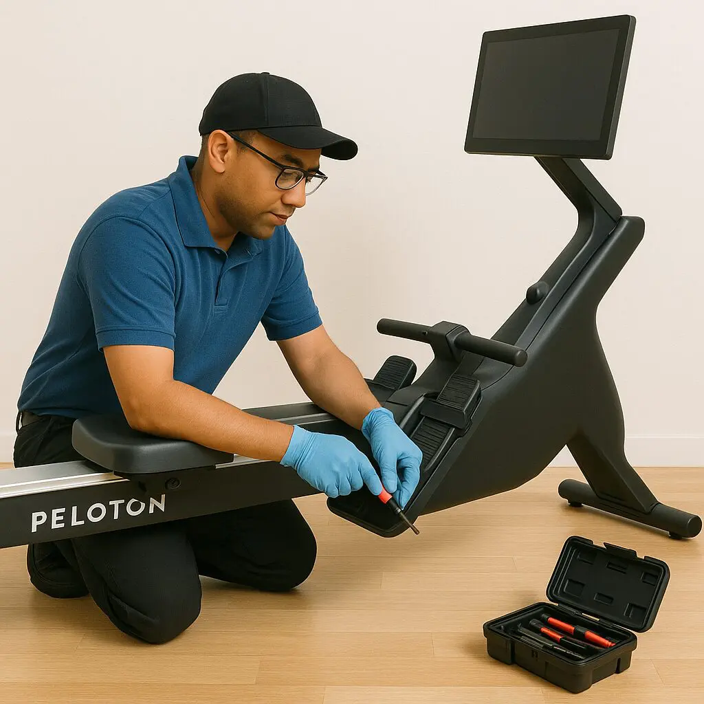 Technician repairing a Peloton exercise bike.