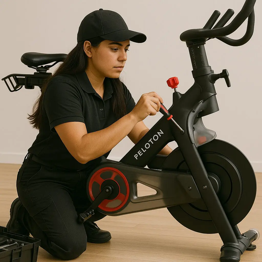 Person assembling a stationary exercise bike.