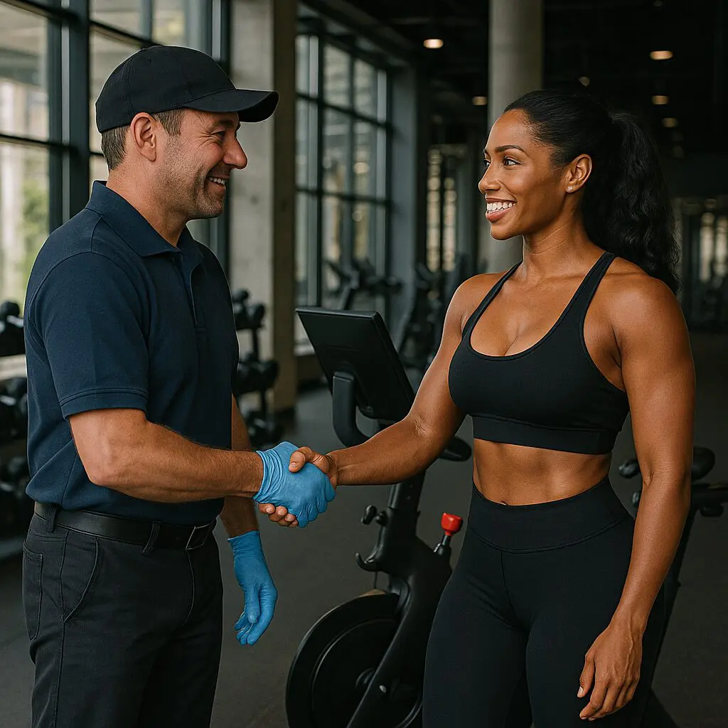 Man and woman shaking hands in gym.