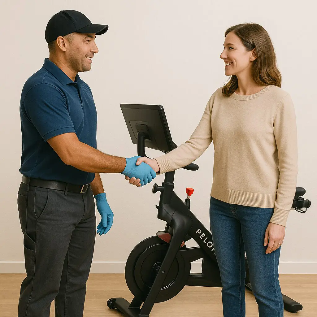 Person shaking hands near exercise bike.