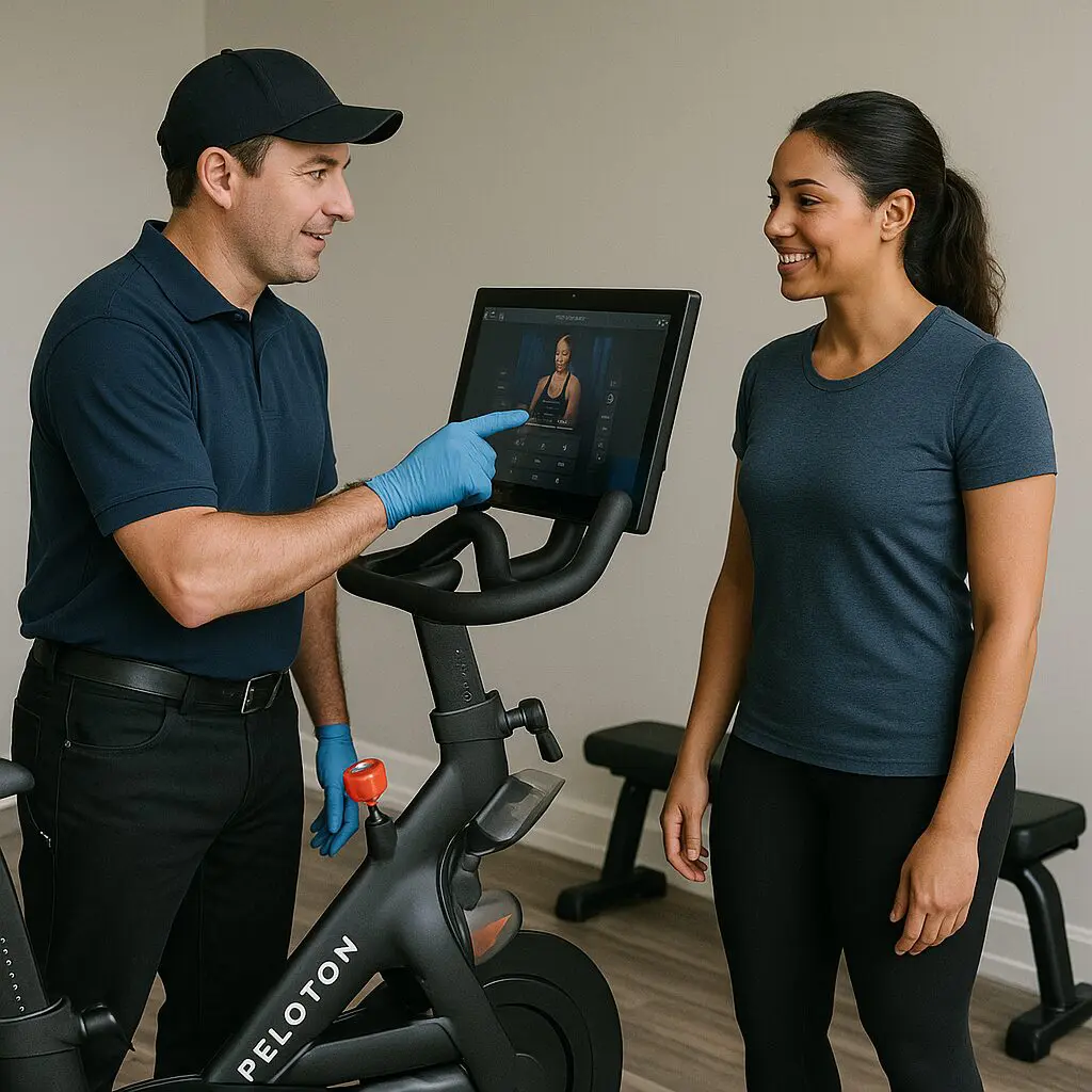 Man and woman with Peloton exercise bike.