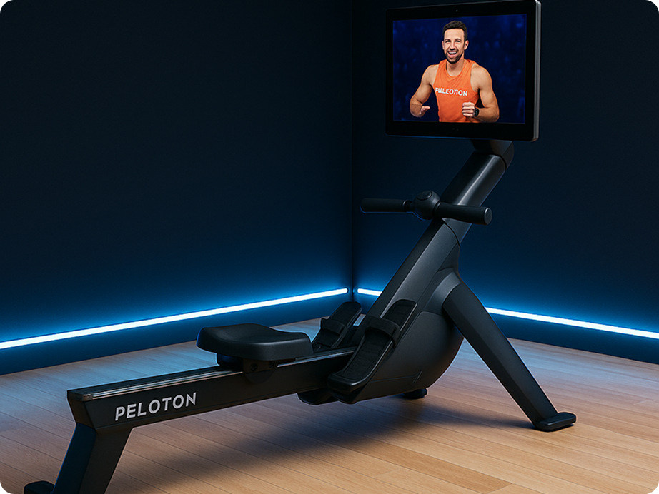 Peloton rowing machine with instructor on screen.
