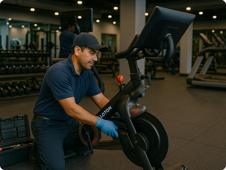 Technician repairing exercise bike in gym.