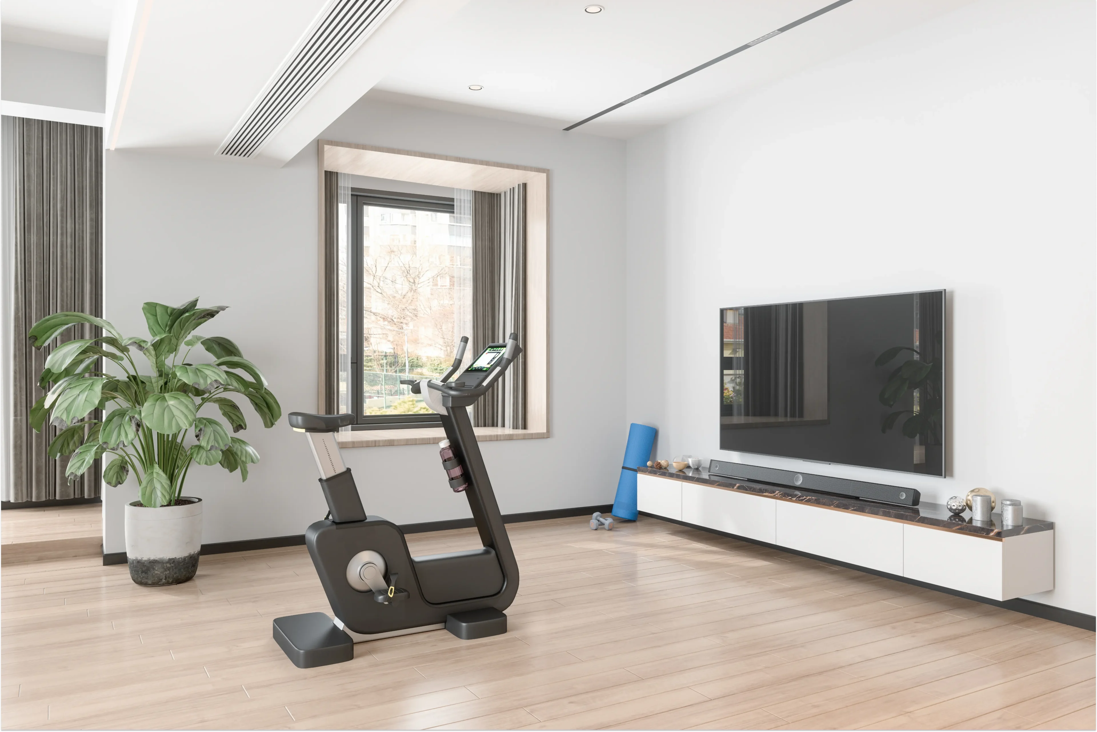 Home gym with exercise bike and TV.