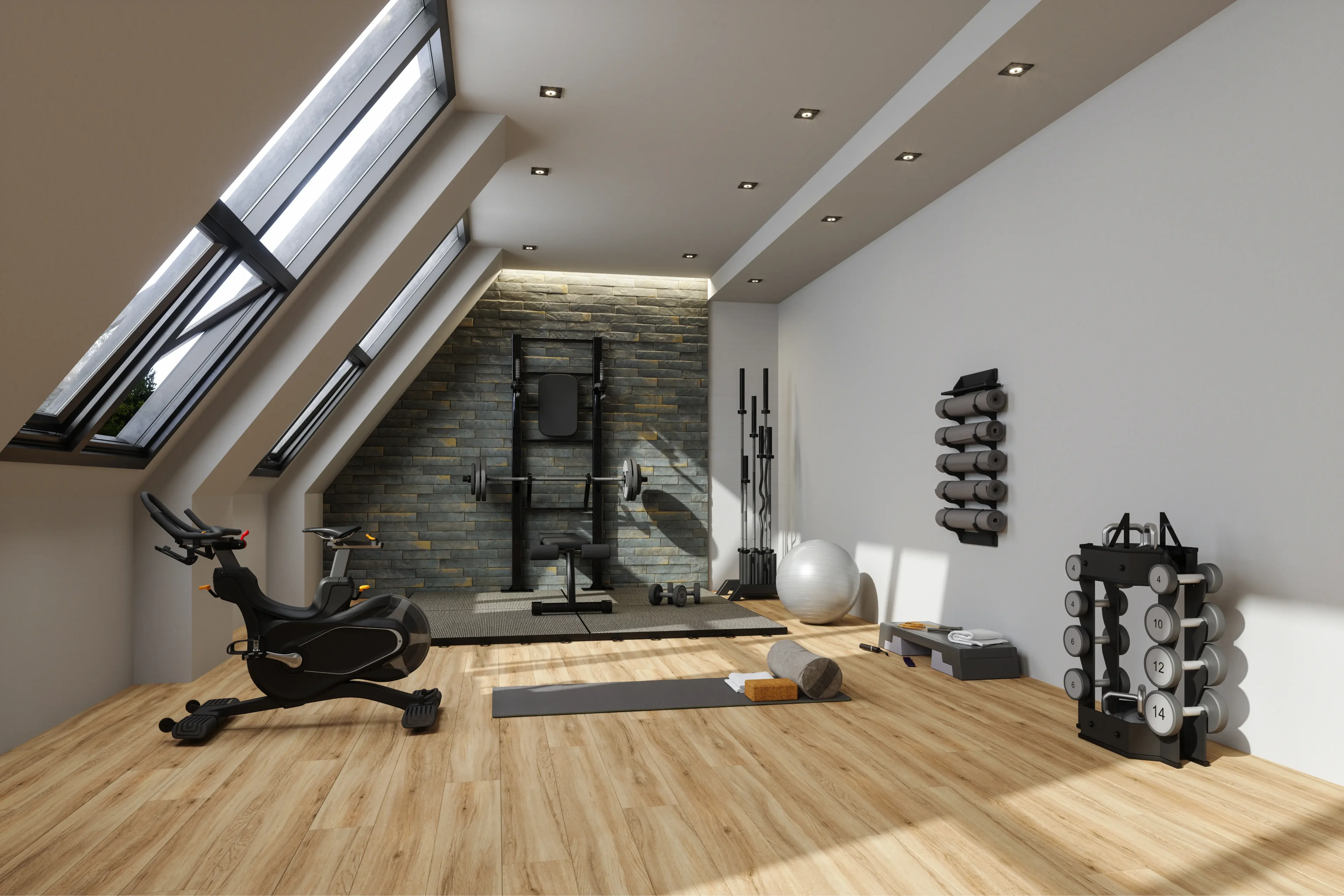 Home gym with exercise equipment and weights.